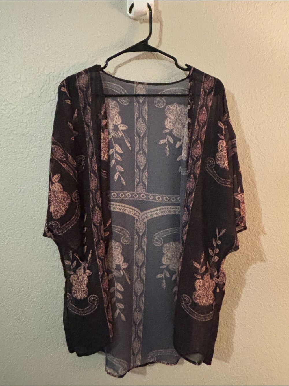Floral Sheer Open-Front Kimono Jacket - Black/Pink